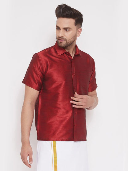 Men's Maroon Silk Blend Straight Ethnic Shirt
