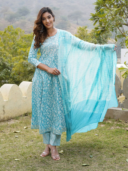 Dhiyona KL Floral Printed Regular Mirror Work Pure Cotton Kurta with Trousers & With Dupatta