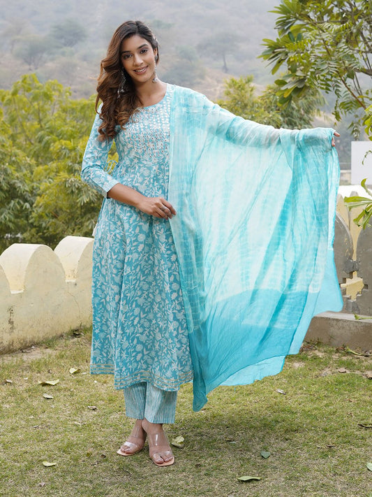 Dhiyona KL Floral Printed Regular Mirror Work Pure Cotton Kurta with Trousers & With Dupatta