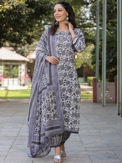 Dhiyona RR Women's Floral Printed Thread Work Pure Cotton Straight Kurta With Salwar & Dupatta