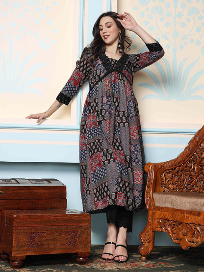 Dhiyona IS Women's V-Neck Floral Printed Empire Pure Cotton A-Line Kurta with Trousers