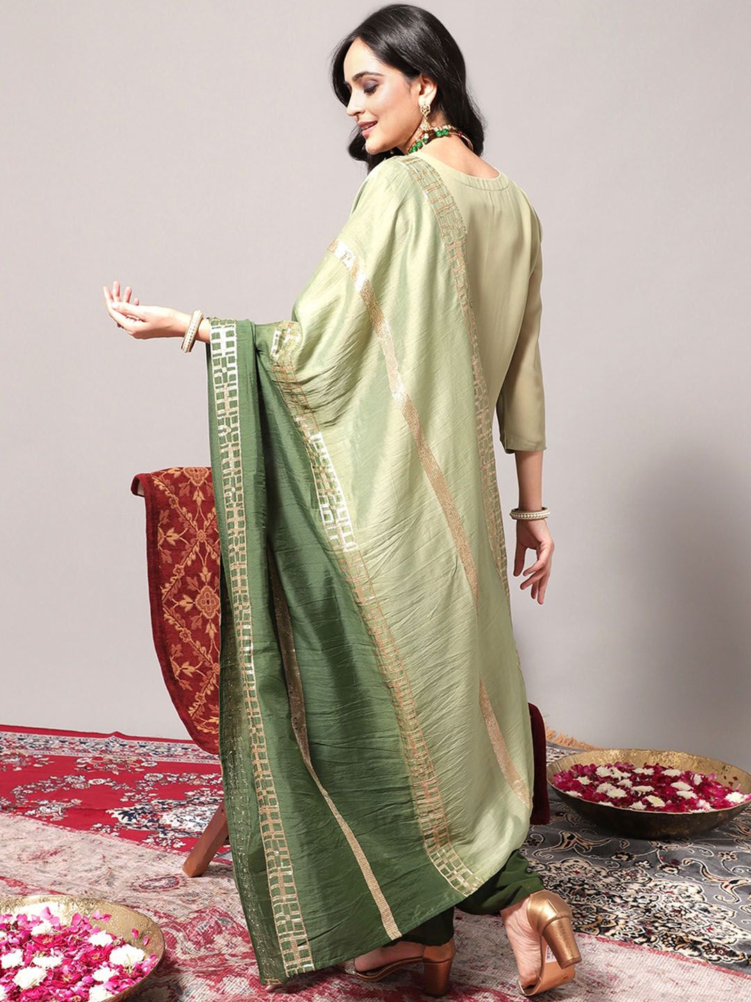 Dhiyona KL Embroidered Regular Sequinned Kurta With Palazzos & Dupatta
