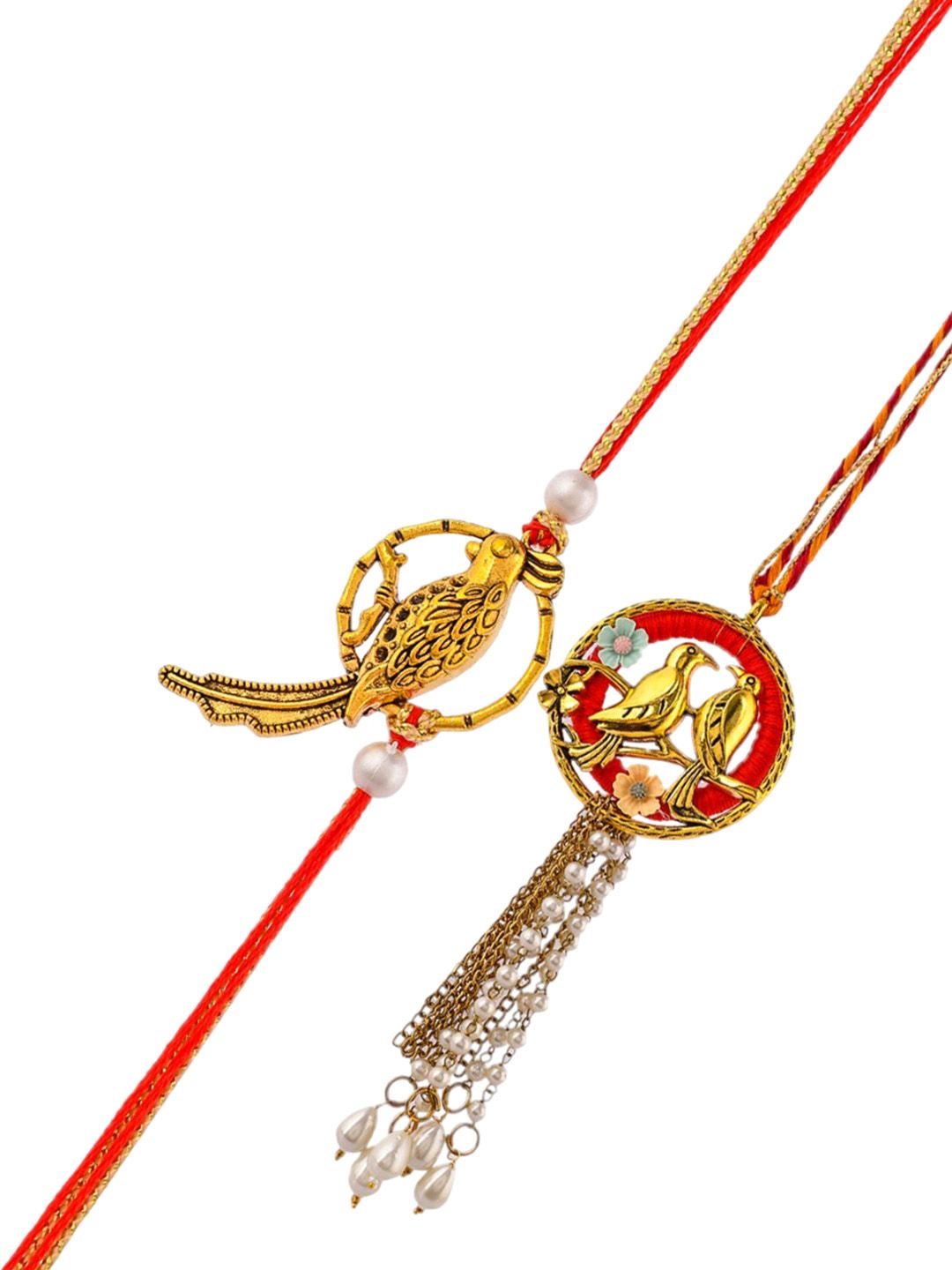 Dhiyona Gol-Toned Beaded Bhaiya Bhabhi Rakhi With Roli Chawal & Greeting Card