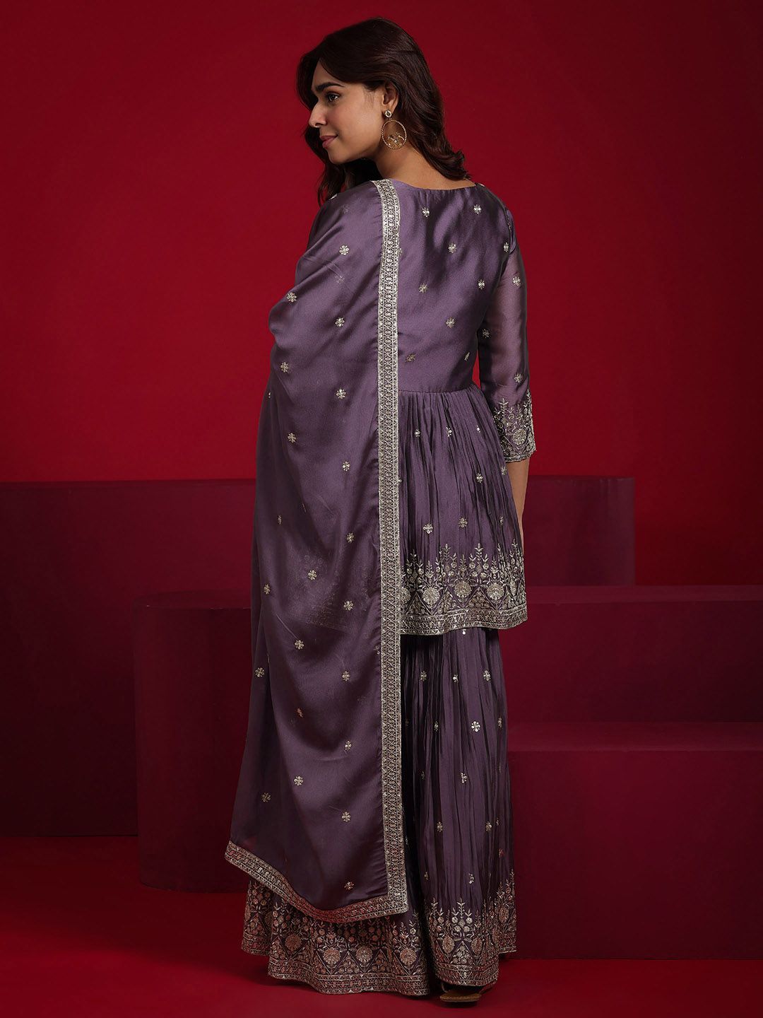 Dhiyona LL Floral Embroidered Sequinned Anarkali Kurta With Sharara & Dupatta