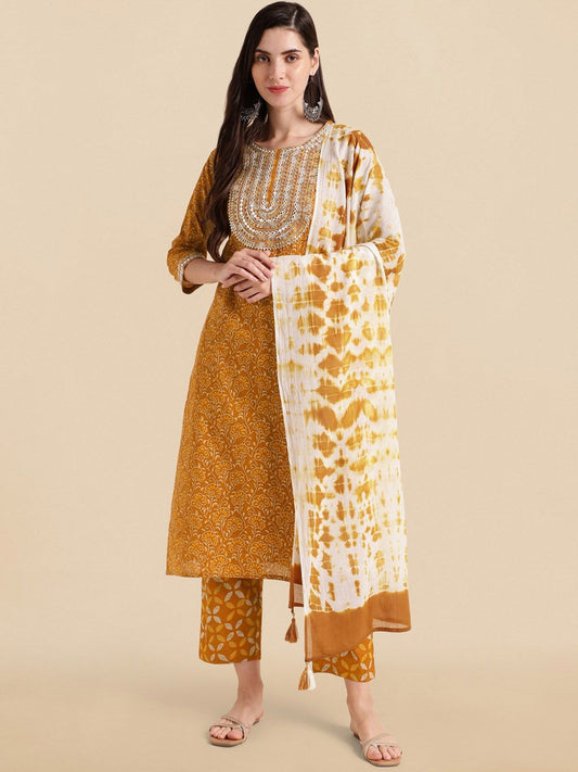 Dhiyona KL Mustard Floral Print Thread Work Pure Cotton Kurta with Trousers & Dupatta