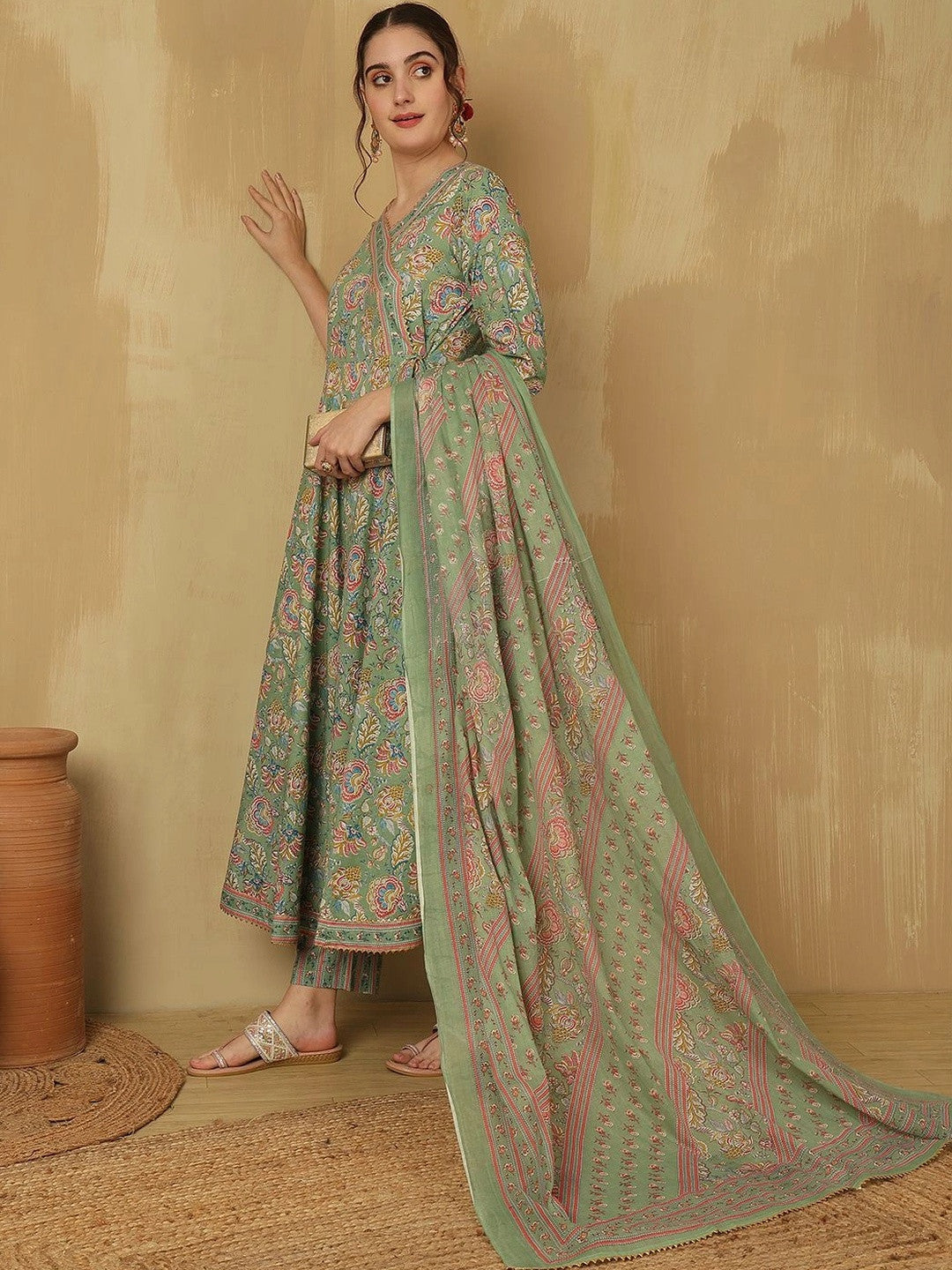 Women Floral Printed Angrakha Pure Cotton Kurta with Trousers & With Dupatta