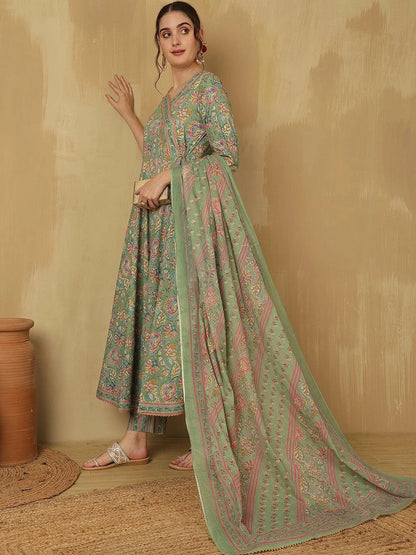 Women Floral Printed Angrakha Pure Cotton Kurta with Trousers & With Dupatta