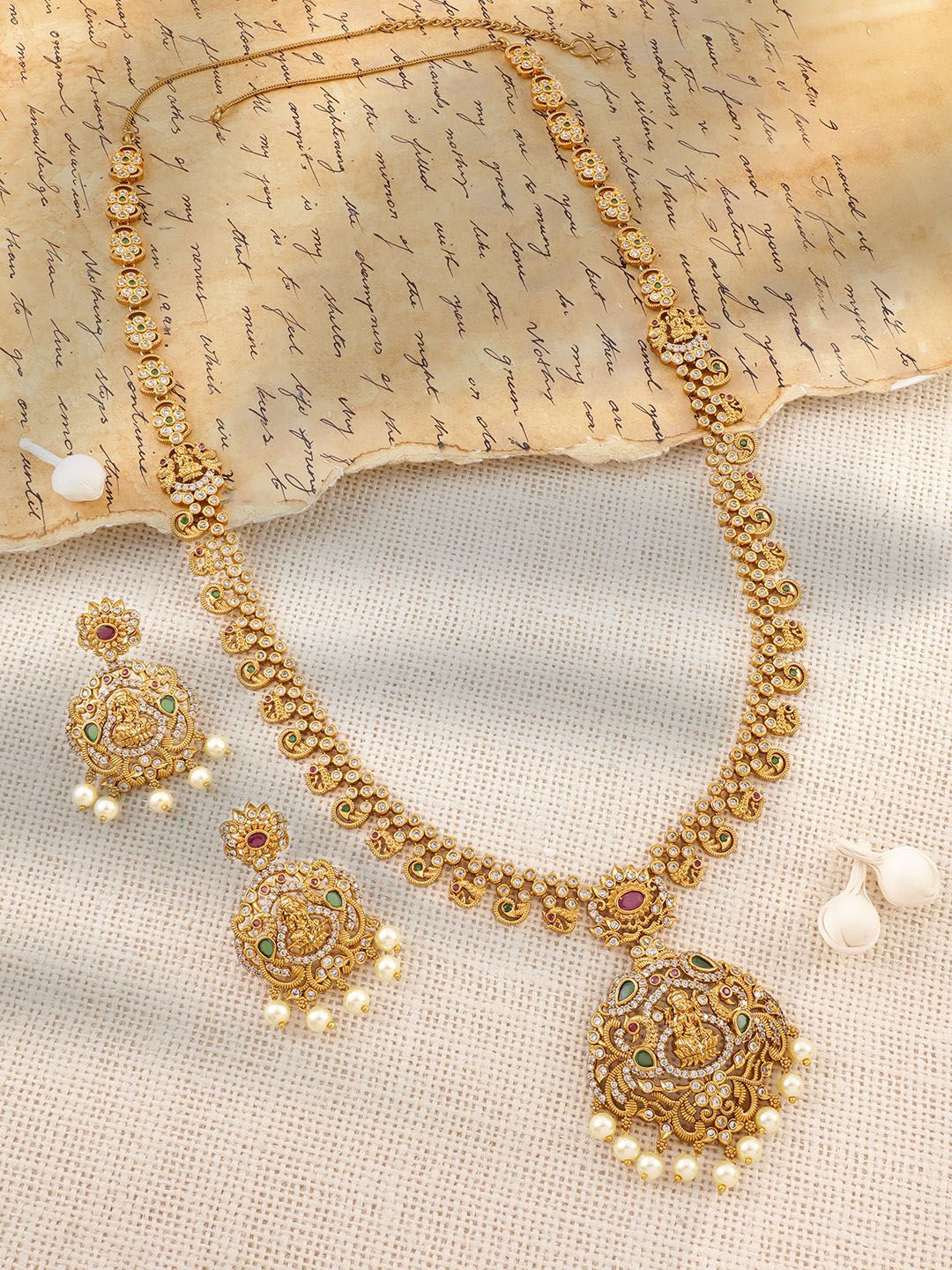 Dhiyona RJ Women's 22K Gold-Plated Ruby & Emerald CZ Studded Divine Lakshmi Temple Jewellery Set