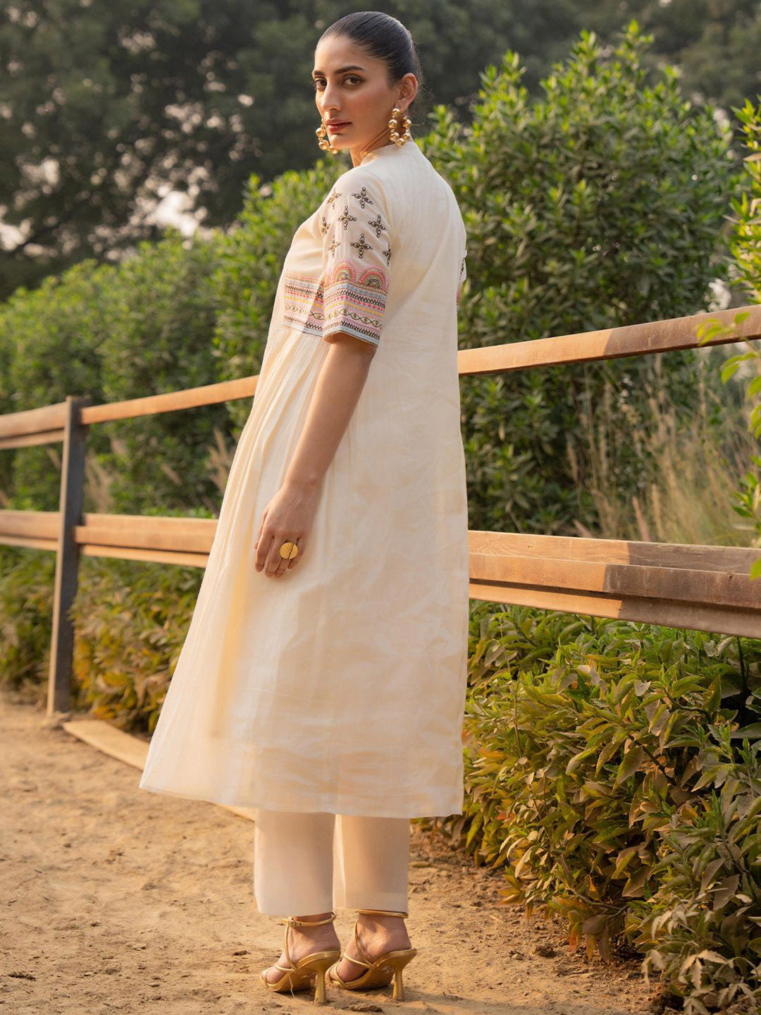 Ethnic Motifs Yoke Design Mandarin Collar Pure Cotton A-Line Kurta With Trousers