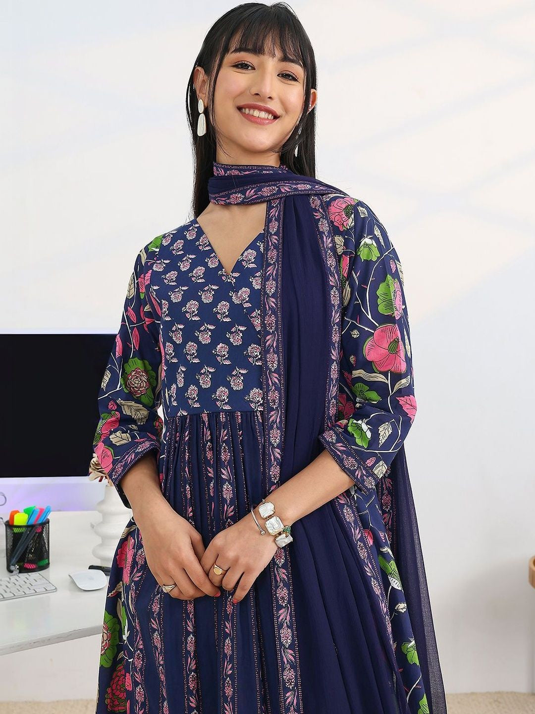 Women Floral Printed Panelled Kurta with Trousers & With Dupatta