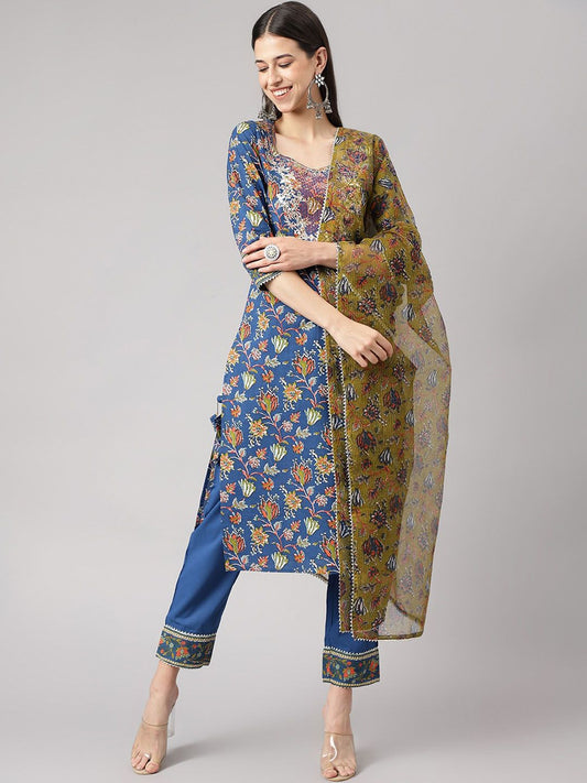 Dhiyona KL Floral Printed Regular Zardozi Pure Cotton Kurta With Trousers & Dupatta