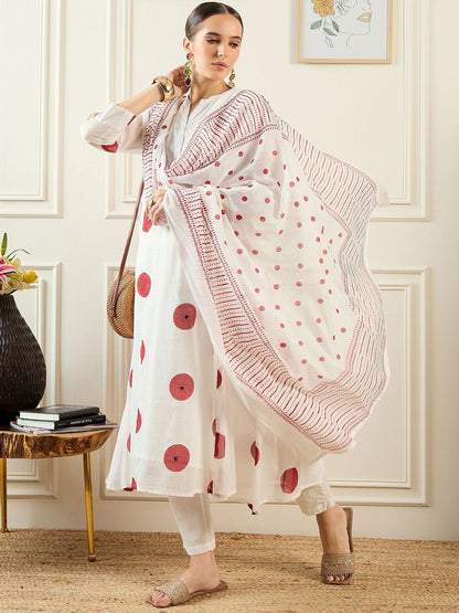 Dhiyona IE Women Printed Panelled Sequinned Pure Cotton Kurta with Trousers & With Dupatta