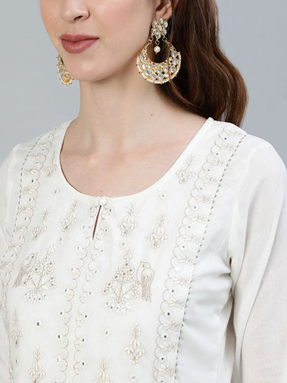 Dhiyona IS Women's Women Off White Ethnic Motifs Embroidered Pleated Pure Cotton Kurta with Trousers