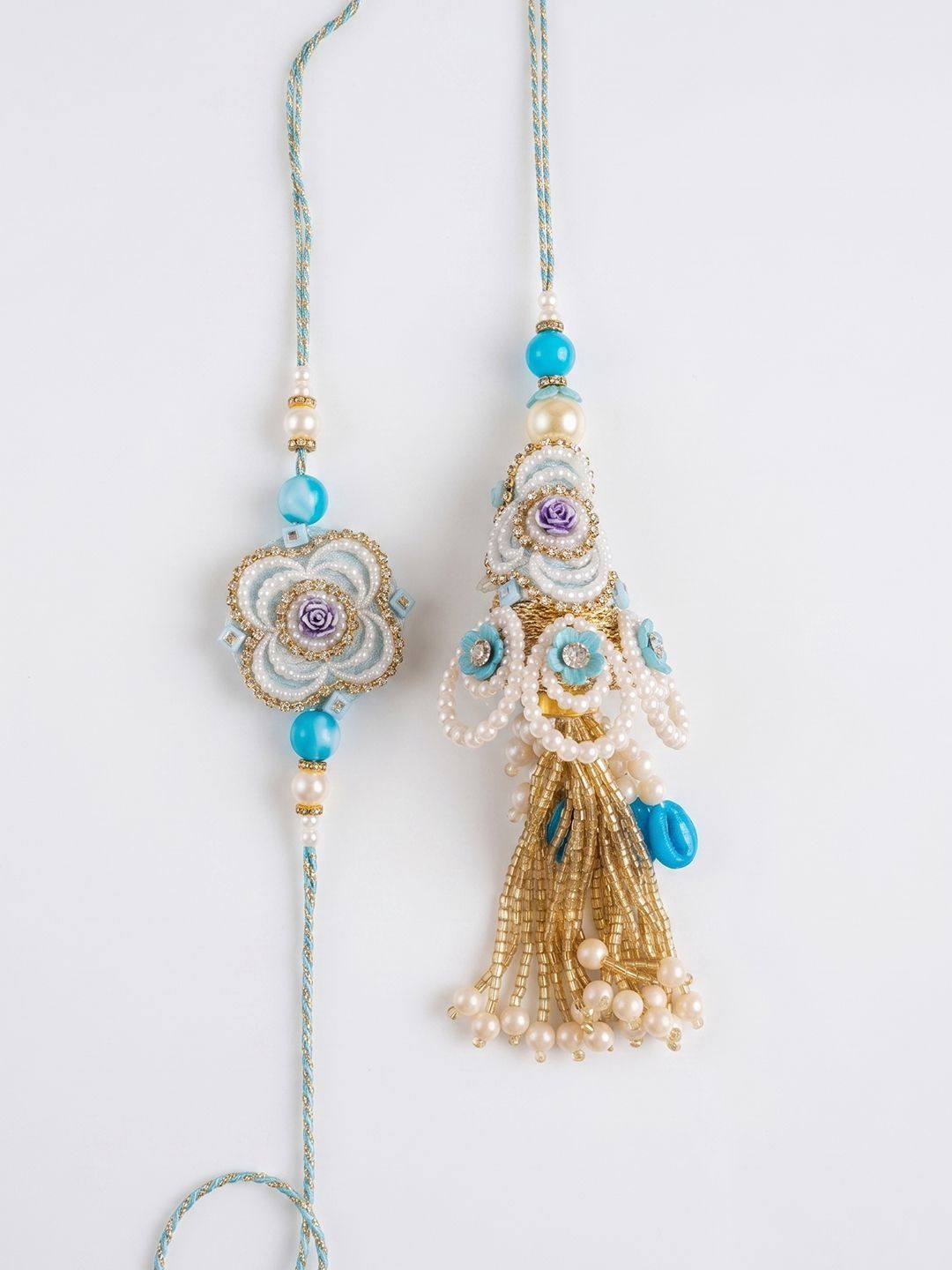 Dhiyona Set Of 2 Pearls & Artificial Stones Floral Bhaiya Bhabhi Rakhi With Roli Chawal