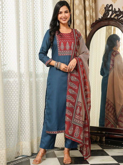 Dhiyona KL Ethnic Motifs Yoke Design Straight Kurta With Trousers & Dupatta
