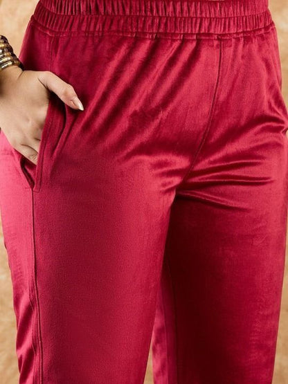 Winter Printed Velvet V-Neck Kurta & Trousers Kurta Set