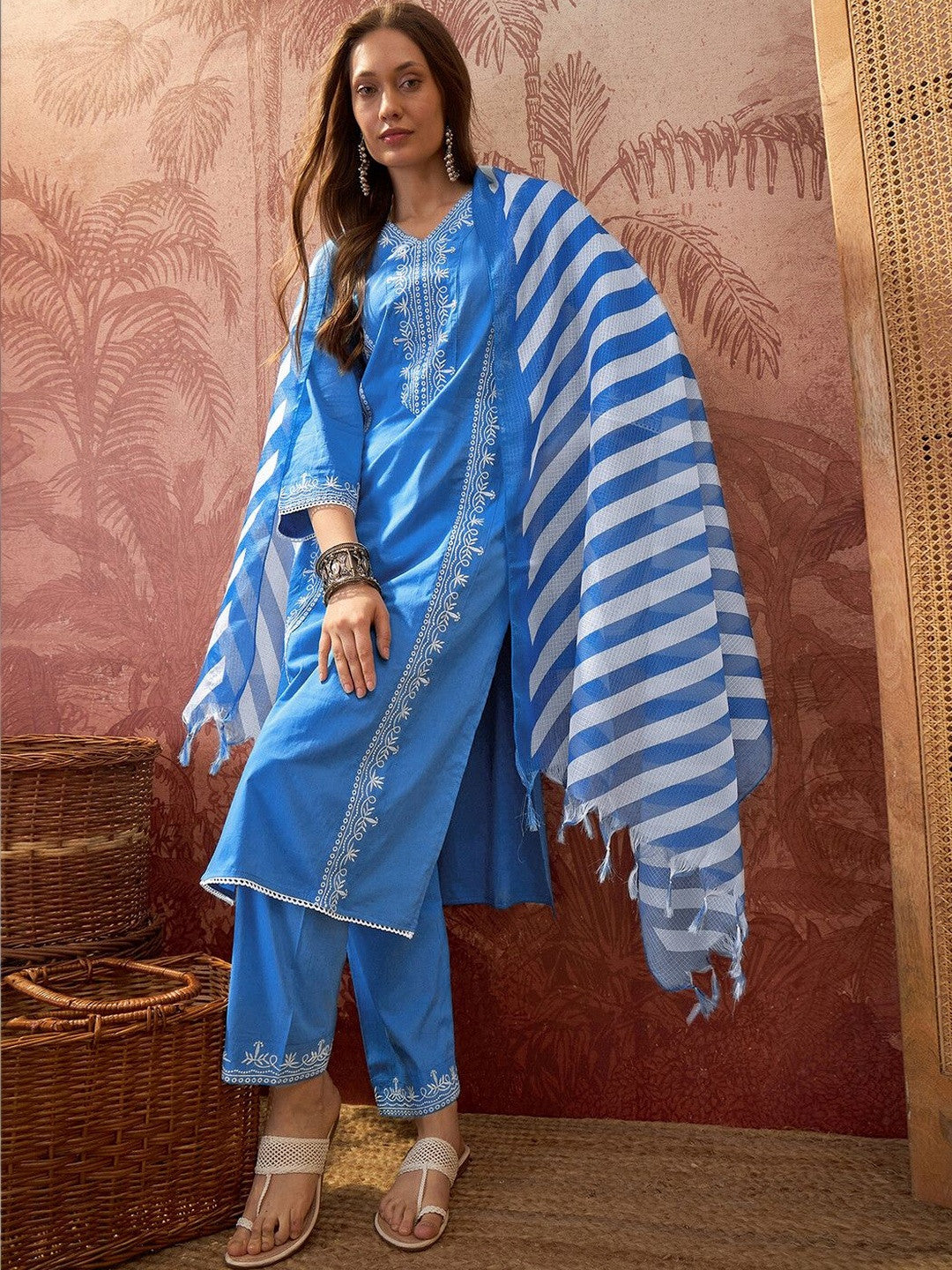 Embroidered Pure Cotton V-Neck Kurta & Trousers With Printed Dupatta