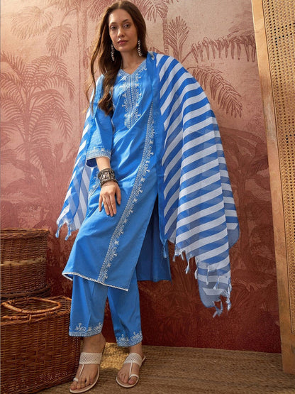 Embroidered Pure Cotton V-Neck Kurta & Trousers With Printed Dupatta