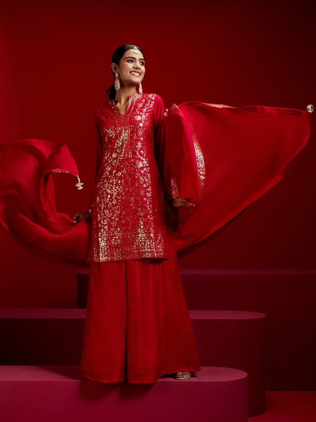 Dhiyona LL Floral Embroidered Sequinned Kurta with Palazzos & Dupatta