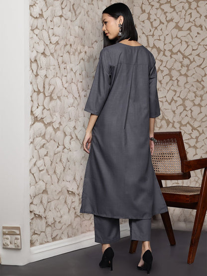 Grey Women Solid V neck Pleated Regular Kurta with Trousers