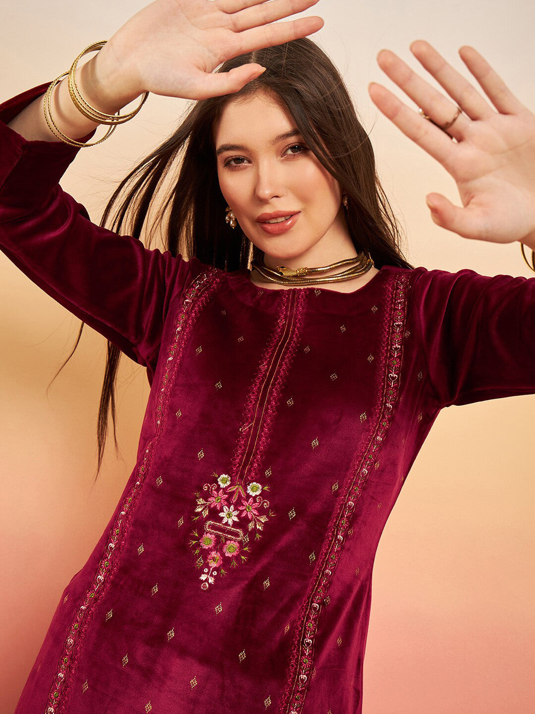 Ethnic Motifs Embroidered Winter Velvet Kurta & Trousers
