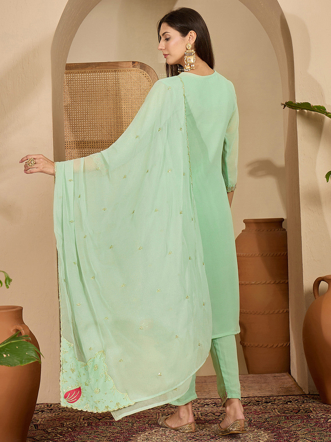 Embroidered V-Neck Kurta & Trousers With Dupatta