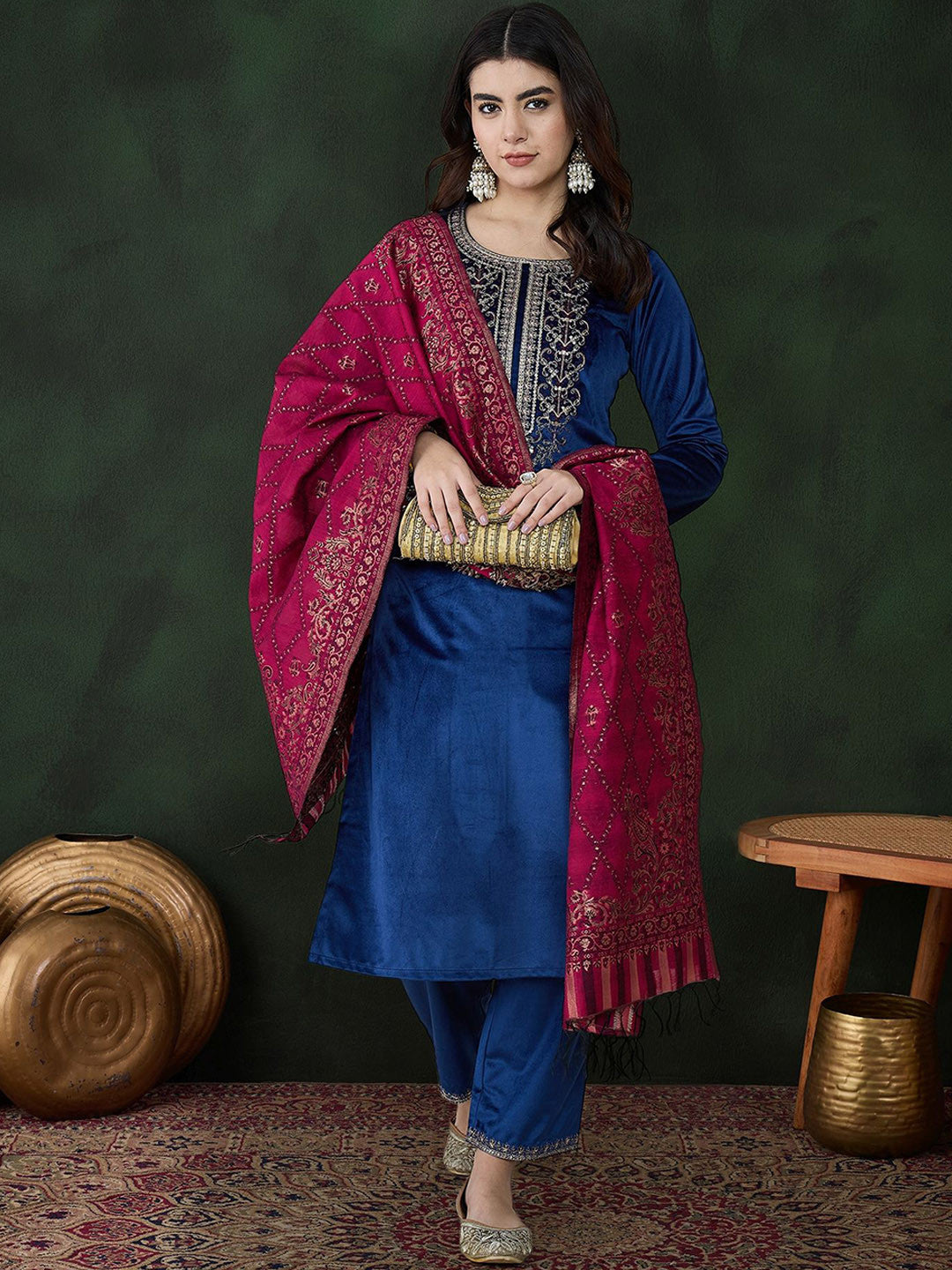 Blue Floral Embroidered Regular Sequinned Velvet Kurta & Trouser With Dupatta