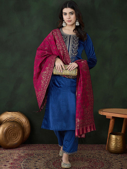Blue Floral Embroidered Regular Sequinned Velvet Kurta & Trouser With Dupatta