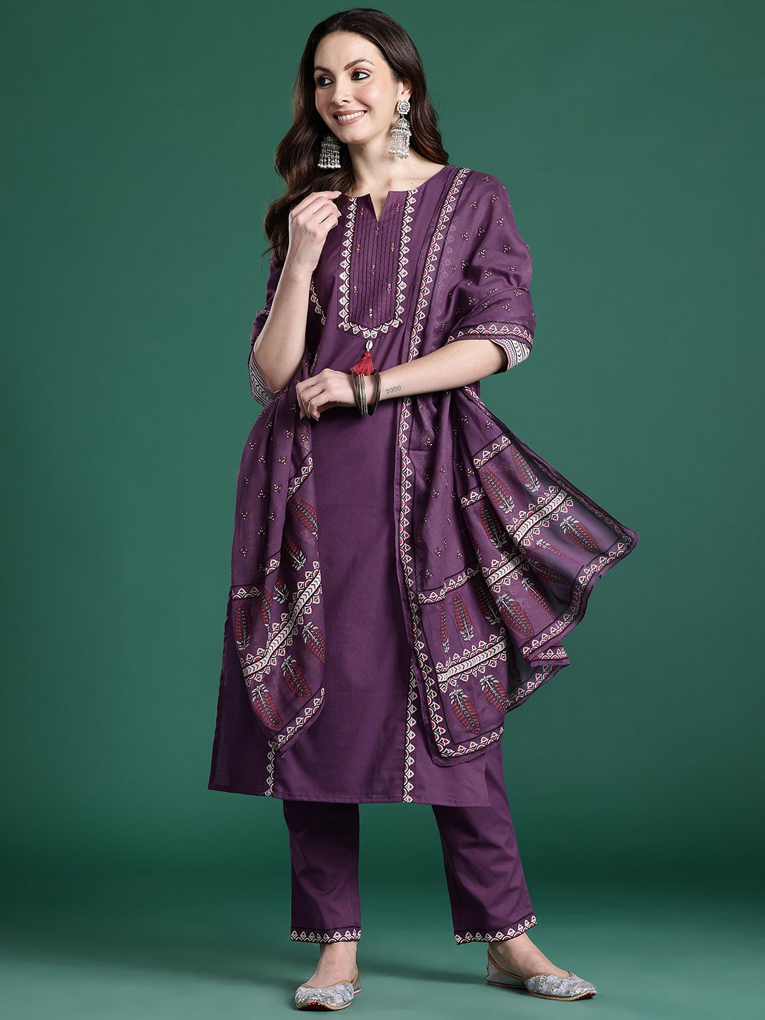 Dhiyona IE Thread Work Pure Cotton Kurta with Trousers & With Dupatta