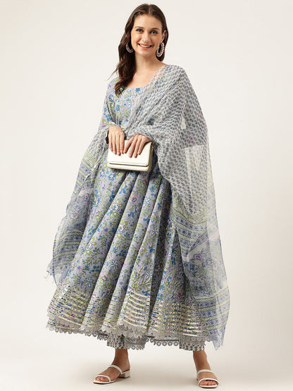 Dhiyona KL Floral Printed Pure Cotton Anarkali Kurta & Trousers With Dupatta