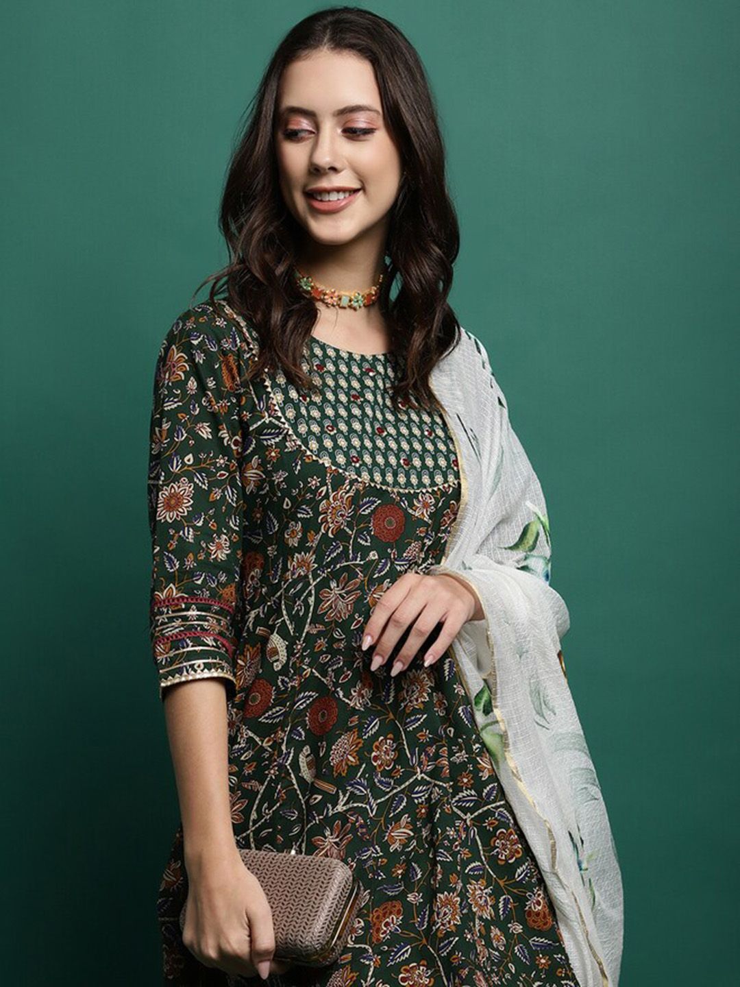 Dhiyona SN Women's Floral Printed Pure Cotton A-Line Kurta With Trousers & Dupatta