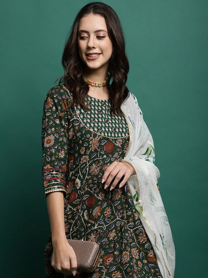 Dhiyona SN Women's Floral Printed Pure Cotton A-Line Kurta With Trousers & Dupatta