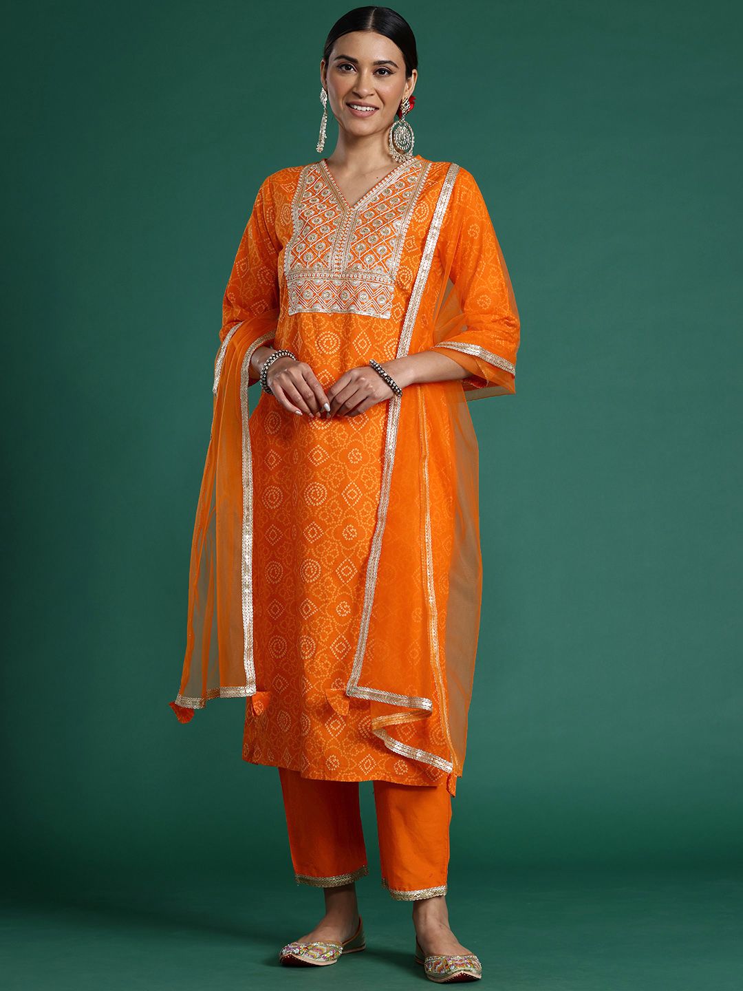 Dhiyona IE Bandhani Printed Sequinned Pure Cotton Kurta With Trousers & Dupatta
