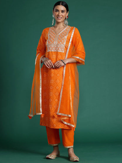 Dhiyona IE Bandhani Printed Sequinned Pure Cotton Kurta With Trousers & Dupatta