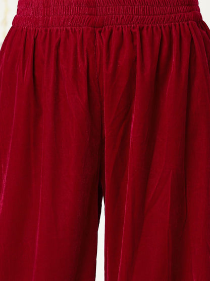 Dhiyona VA Burgundy Ethnic Motifs Embroidered Velvet Kurta With Palazzos & Dupatta