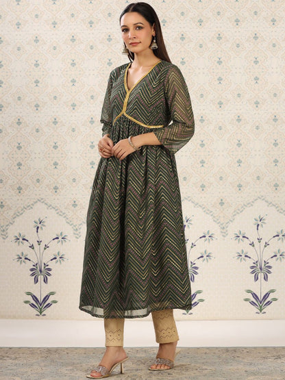 Dhiyona OD  Ethnic Motifs Printed V-Neck Thread Work Empire Anarkali Kurta