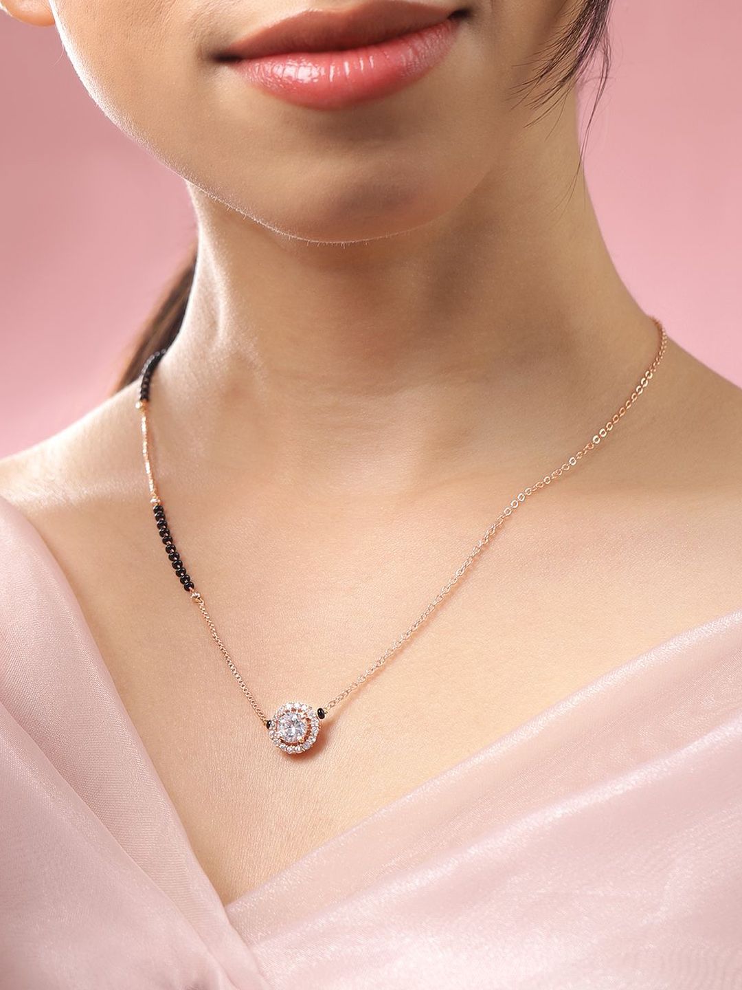 Dhiyona RJ Women's 18K Rose Gold-Plated Cubic Zirconia Studded Round Pendant Mangalsutra Chain