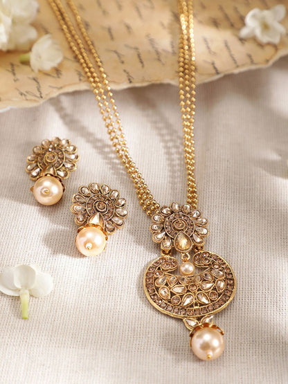 Dhiyona RJ Women's 22K Gold-Plated Kundan Studded Necklace Set with Pearl Drops and Multi-Strand Chain