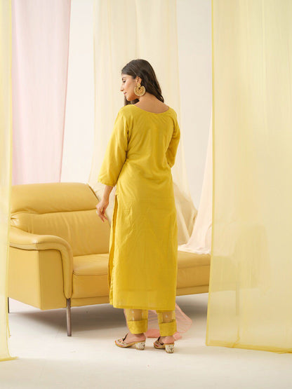 Dhiyona IS Women's Ethnic Motifs Yoke Design Mirror Work Chanderi Cotton Kurta with Trousers & Dupatta
