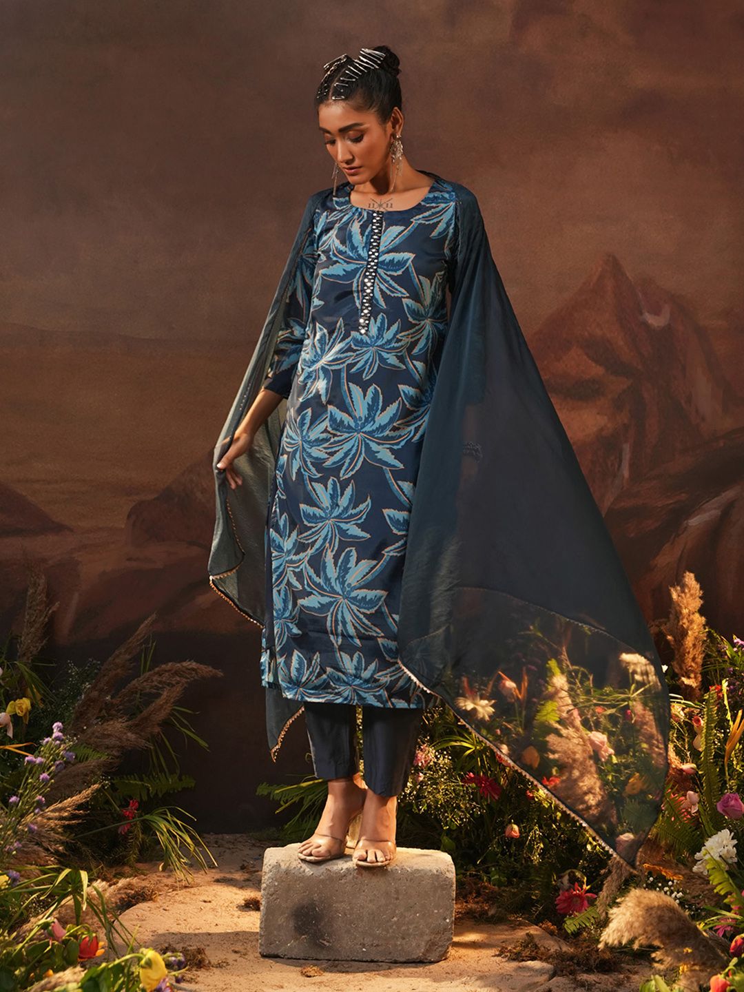 Dhiyona IS Women's Navy Blue Floral Printed Beads And Stones Straight Kurta With Trousers & Dupatta