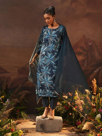 Dhiyona IS Women's Navy Blue Floral Printed Beads And Stones Straight Kurta With Trousers & Dupatta