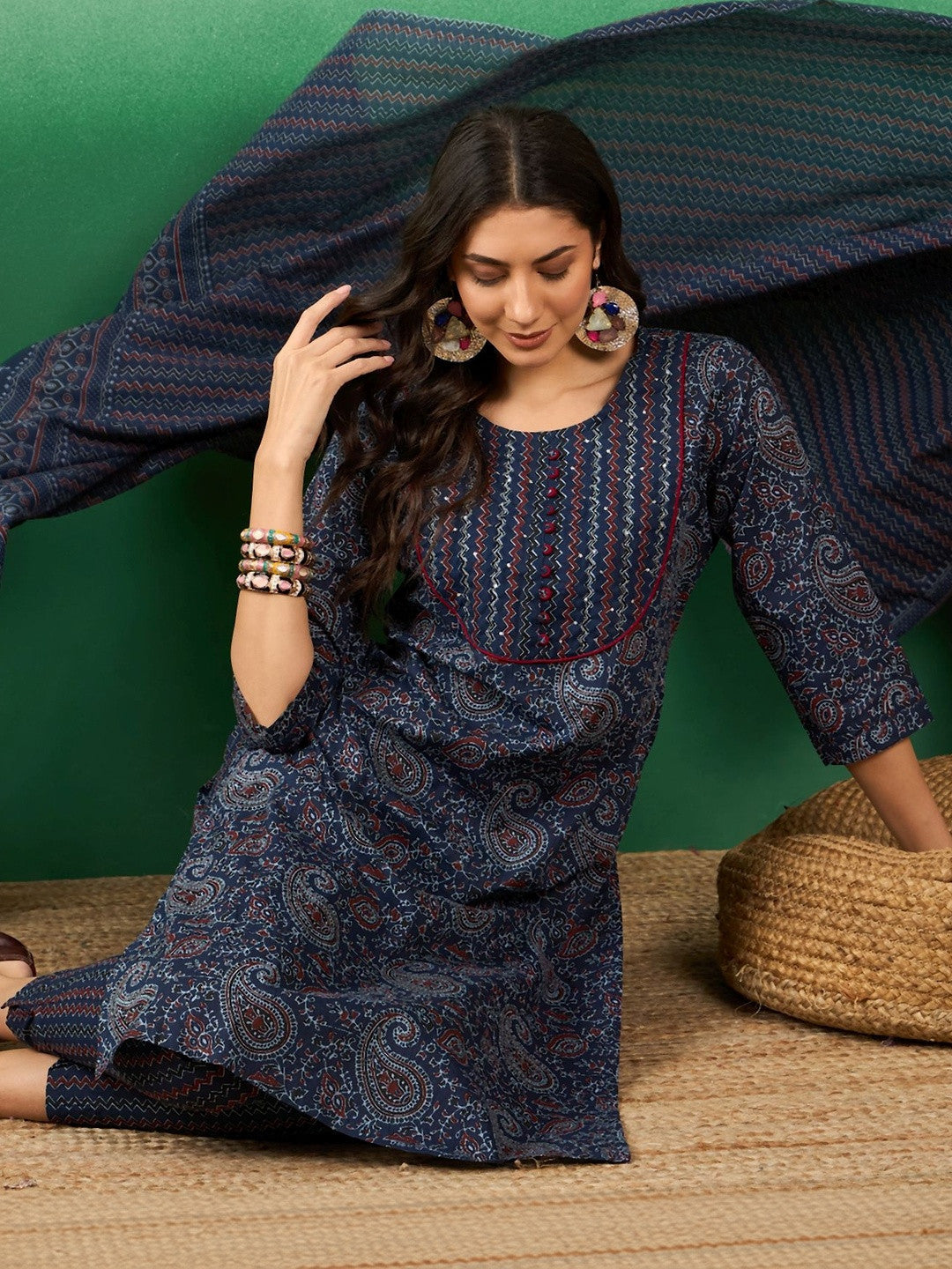 Dhiyona SN Printed Pure Cotton Round Neck Kurta & Trousers Kurta Set