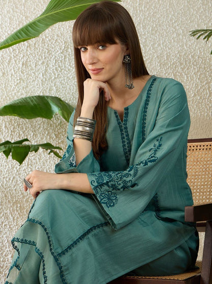 Dhiyona IE Embroidered Round Neck Three-Quarter Sleeves Pure Cotton Tunic And Trousers