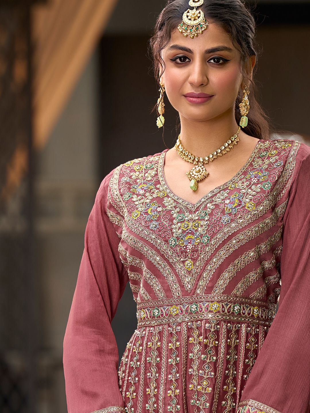 Dhiyona IE Floral Embroidered Sequinned Chinon A-Line Kurta With Palazzos & Dupatta