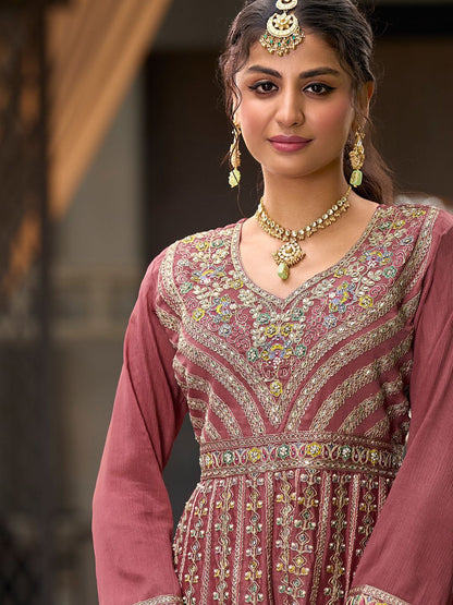 Dhiyona IE Floral Embroidered Sequinned Chinon A-Line Kurta With Palazzos & Dupatta