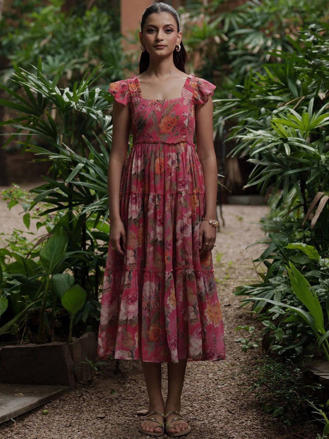 Dhiyona AY Women's Floral Printed Flared Midi Dress
