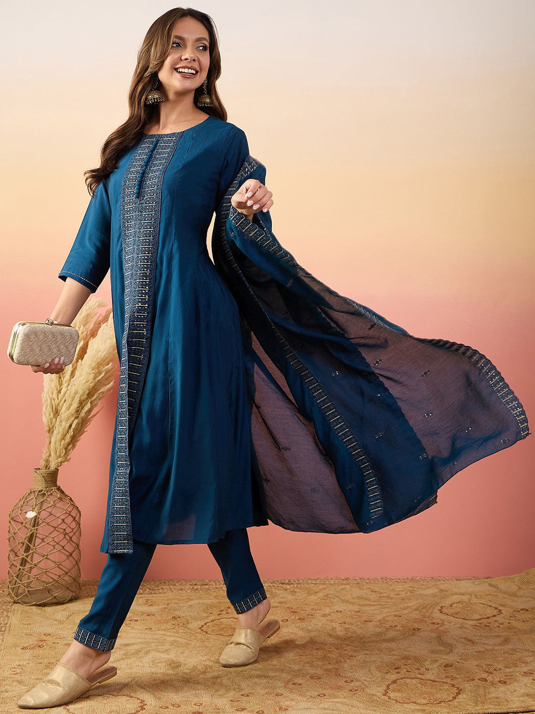 Dhiyona SN Embroidered A-Line Kurta Set With Dupatta