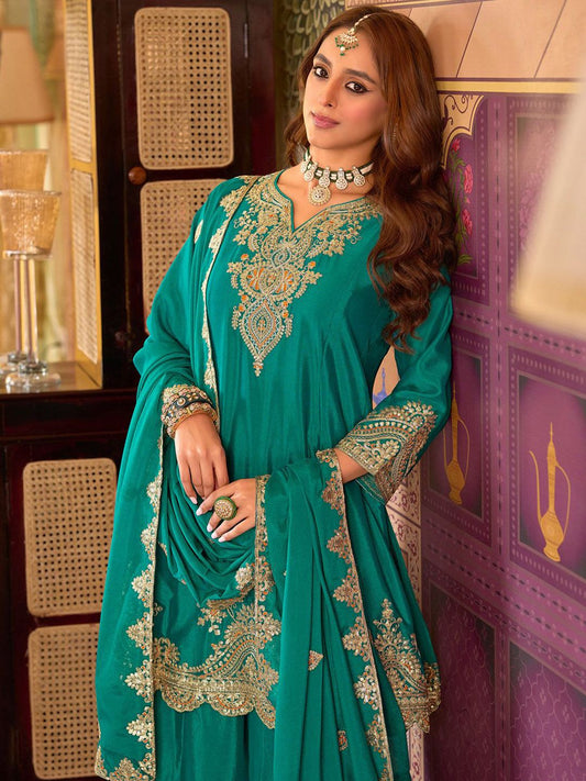Floral Embroidered Sequinned Chinon A-Line Kurta With Palazzos & Dupatta