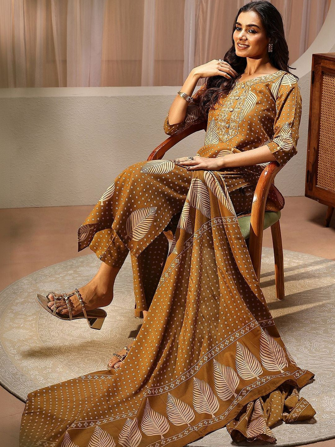 Mustard Floral Printed Cotton Blend Straight Suit Set
