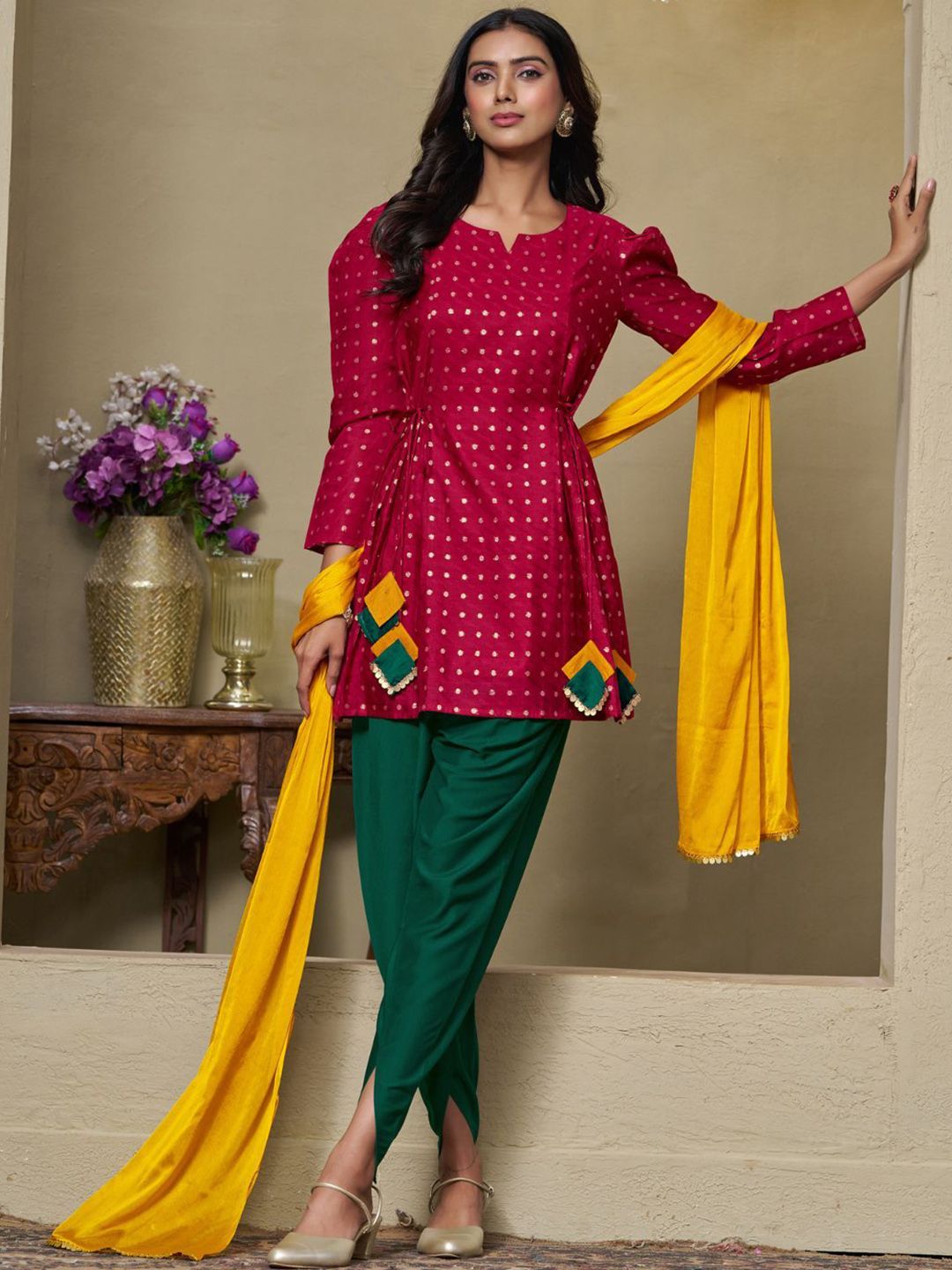 Dhiyona SN Women's Cotton Silk Zari Embroidered Kurti Dhoti and Dupatta Set